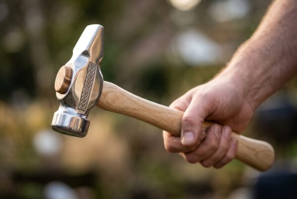 Mirror polished cross pein forging hammer with knotwork engraved cheek and hickory handle gripped in one hand