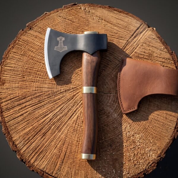 Mjolnir bearded axe with a blackened 1095 steel head and brass banded rosewood haft resting on a cut log round beside its brown leather blade cover.