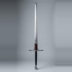Montante greatsword with a straight double edged blade, leather wrapped ricasso, parierhaken hooks, a side ring on the guard and a faceted pear pommel over a long two hand grip against a plain grey studio backdrop
