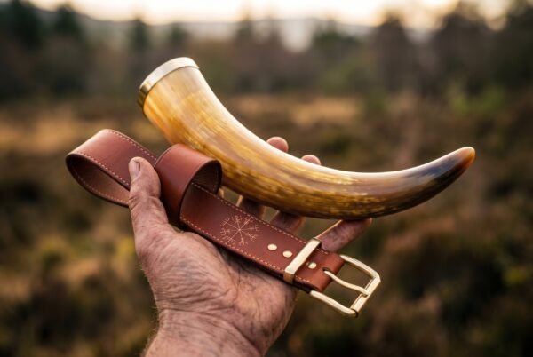 Natural ox drinking horn with polished brass rim held in one hand with a tan leather belt hanger stamped with a Vegvisir