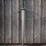 Stormvine Hand Forged Damascus Viking Sword with Mjolnir Pommel & Scrolled Blackened Guard | About 38 Inches Overall | Green Wrapped Grip and Leather Scabbard | Display Gift | RK-2208