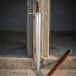 Pathstave Hand Forged Norse Sword | 35 Inch Overall Length | Vegvisir Disc Pommel and Tan Leather Grip with Russet Leather Scabbard | Viking Collector Gift | RK-1679