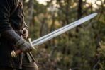 Norse sword with fullered steel blade and brass fittings held low in a gloved hand by a figure in a dark tunic in pine woods
