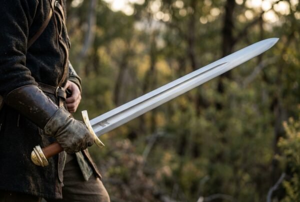 Norse sword with fullered steel blade and brass fittings held low in a gloved hand by a figure in a dark tunic in pine woods