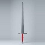 Nylon longsword waster with a matte moulded blade, steel cross bolted through with two visible bolt heads, red cord grip and polished ball pommel against a plain grey studio backdrop