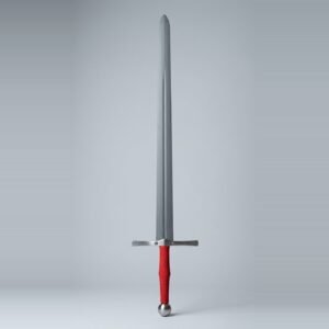 Nylon longsword waster with a matte moulded blade, steel cross bolted through with two visible bolt heads, red cord grip and polished ball pommel against a plain grey studio backdrop