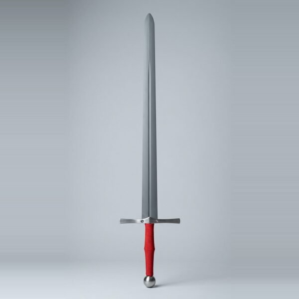 Nylon longsword waster with a matte moulded blade, steel cross bolted through with two visible bolt heads, red cord grip and polished ball pommel against a plain grey studio backdrop