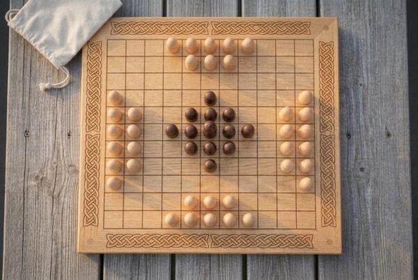 Oak hnefatafl board game with burned knotwork border, light and dark turned pieces set out and a canvas pouch above