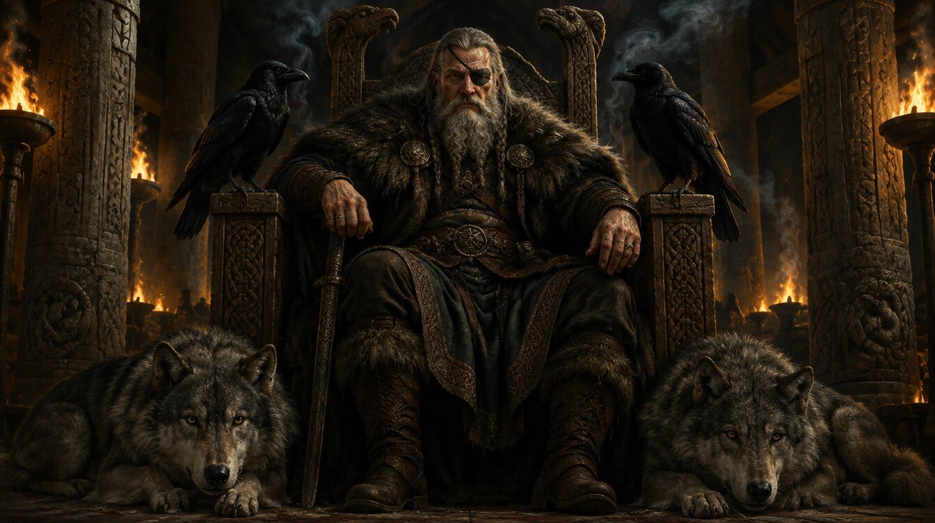 Odin the All Father seated on his throne with ravens Huginn and Muninn