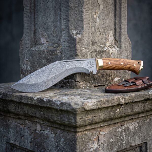 Olive wood damascus kukri with a brass bolster and etched vegvisir resting on a weathered stone plinth beside its stitched brown leather sheath and companion blades.