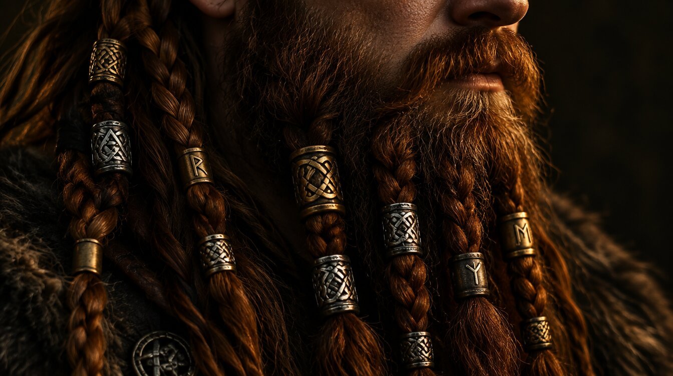 Ornate bronze and silver Viking beard beads woven into thick braided hair