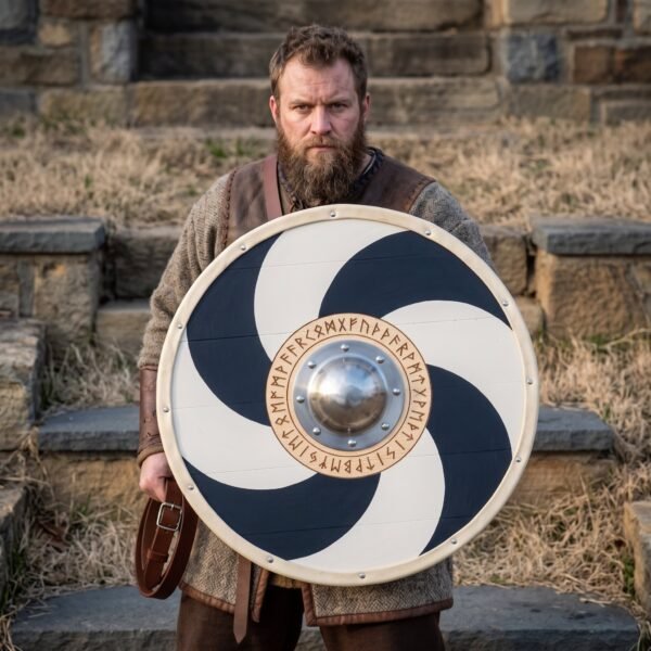 Painted wooden round shield with navy pinwheel and steel boss held at waist height by a bearded man on stone steps
