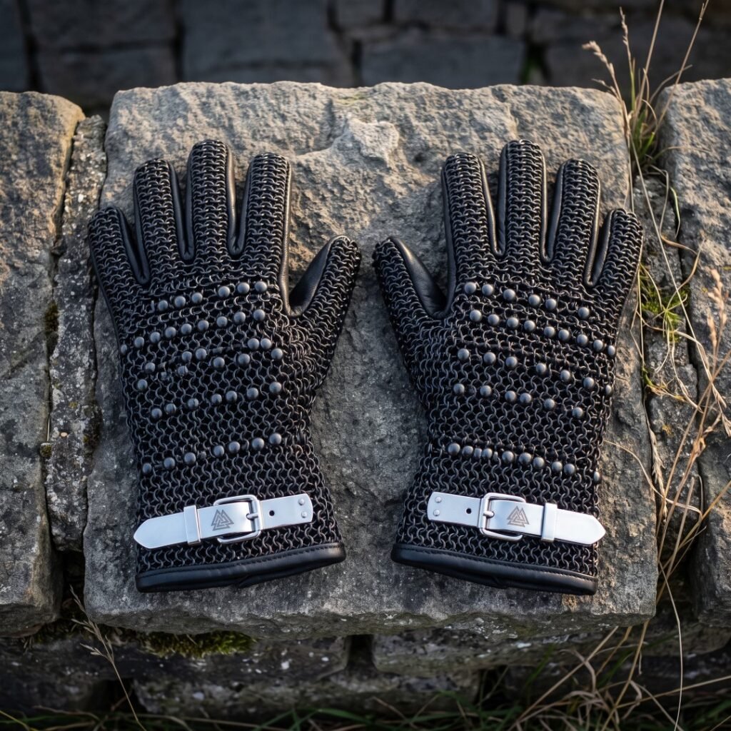 Pair of blackened butted chainmail gauntlets with domed steel studs and white leather buckle straps laid on a weathered stone block outdoors