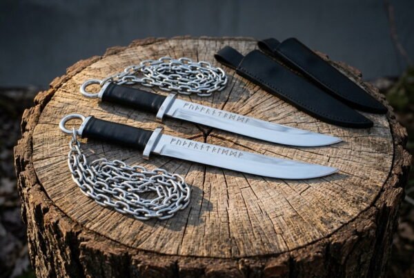 Pair of hand forged 1095 steel rune knife blades etched with Elder Futhark on ring pommel chains resting on a cut tree stump