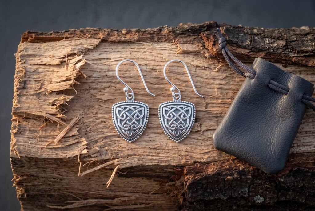 Pair of hand made Celtic earrings with shield shaped knotwork drops and beaded borders on silver hook wires lying on split birch beside a grey leather pouch