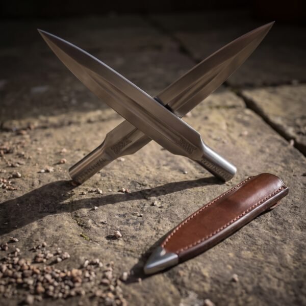 Pair of polished carbon steel spearheads with rune cut sockets crossed on paving stones beside a brown leather cover