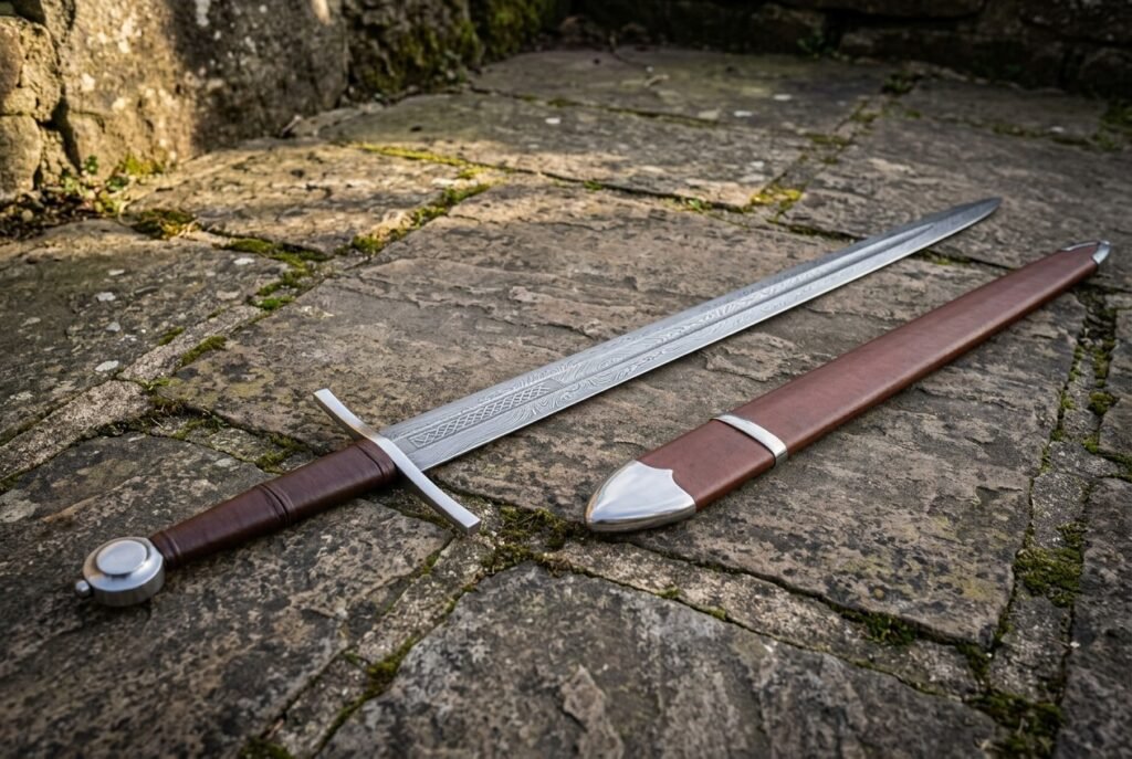 Pattern welded arming sword with an etched interlace fuller, brown leather grip and steel wheel pommel laid on mossy flagstones beside its leather scabbard
