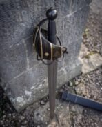 Pattern welded broadsword with its black scabbard and banded fittings, basket hilt fully blackened