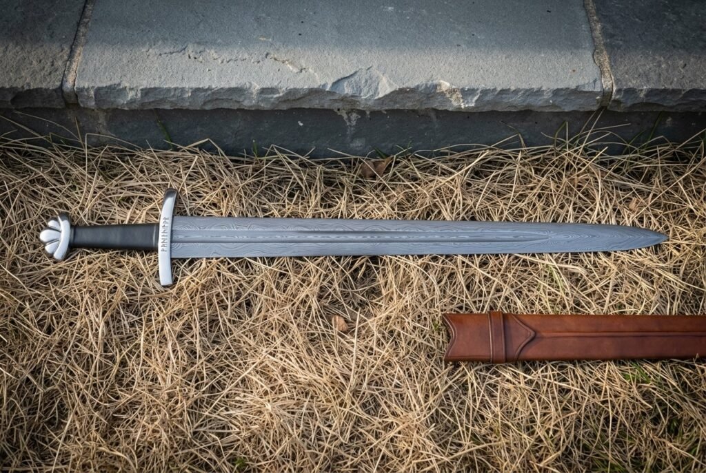 Pattern welded Damascus five lobed viking sword with a black leather grip and runes etched at the ricasso lying on dry grass beside a stone kerb and leather scabbard