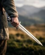 Pattern welded Viking sword with three lobed pommel held low by a warrior in mail against misty hills