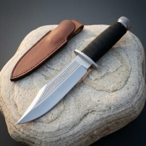 Polished 1095 steel sawback bowie knife with a clip point blade, sawtooth spine and black cord wrapped grip resting on a pale river stone beside a brown leather sheath