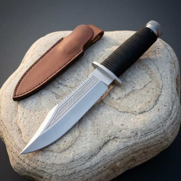 Sawcrest Hand Forged 1095 Steel Sawback Bowie Knife | Clip Point Blade with Etched Panel | Cord Wrapped Grip and Leather Sheath | Survival Gift | RK-1880