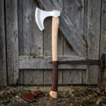 Knotcleave Hand Forged Bearded Axe with Celtic Knotwork Engraved Head | 26 Inch Ash Haft | Polished Steel Blade, Leather Wrapped Grip and Edge Sheath | Norse Woodsman Gift | RK-1822
