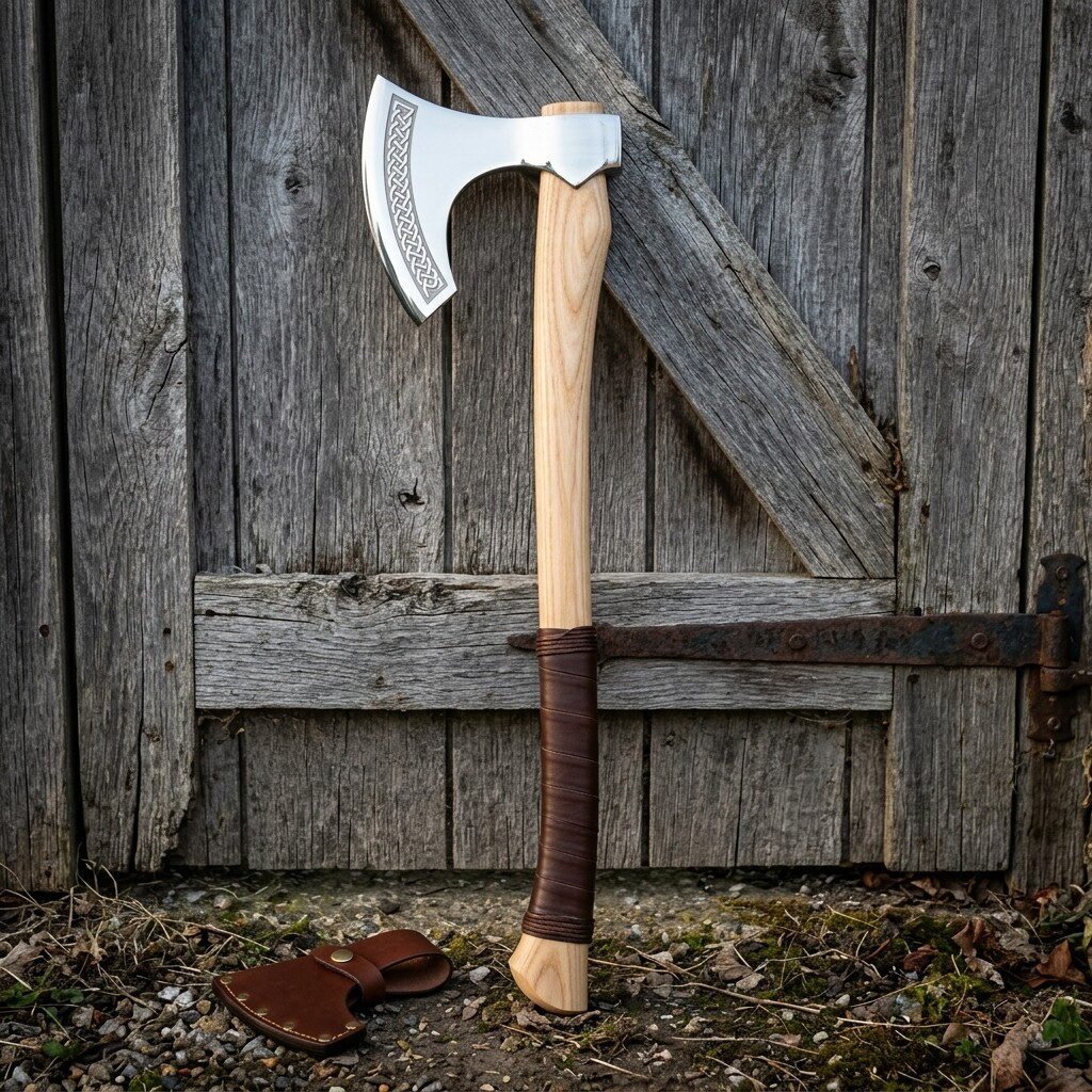 Polished bearded axe with a Celtic knotwork engraved head and a leather wrapped ash haft leaning against a weathered bar Polished bearded axe with a Celtic knotwork engraved head and a leather wrapped ash haft leaning against a weathered barn door above a small leather edge sheath