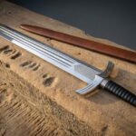 Grimtide Hand Forged Viking Short Sword with Triple Fullered Blade | 21 Inch Overall Length | Ribbed Leather Grip and Brown Leather Scabbard | Norse Collector Gift | RK-1813