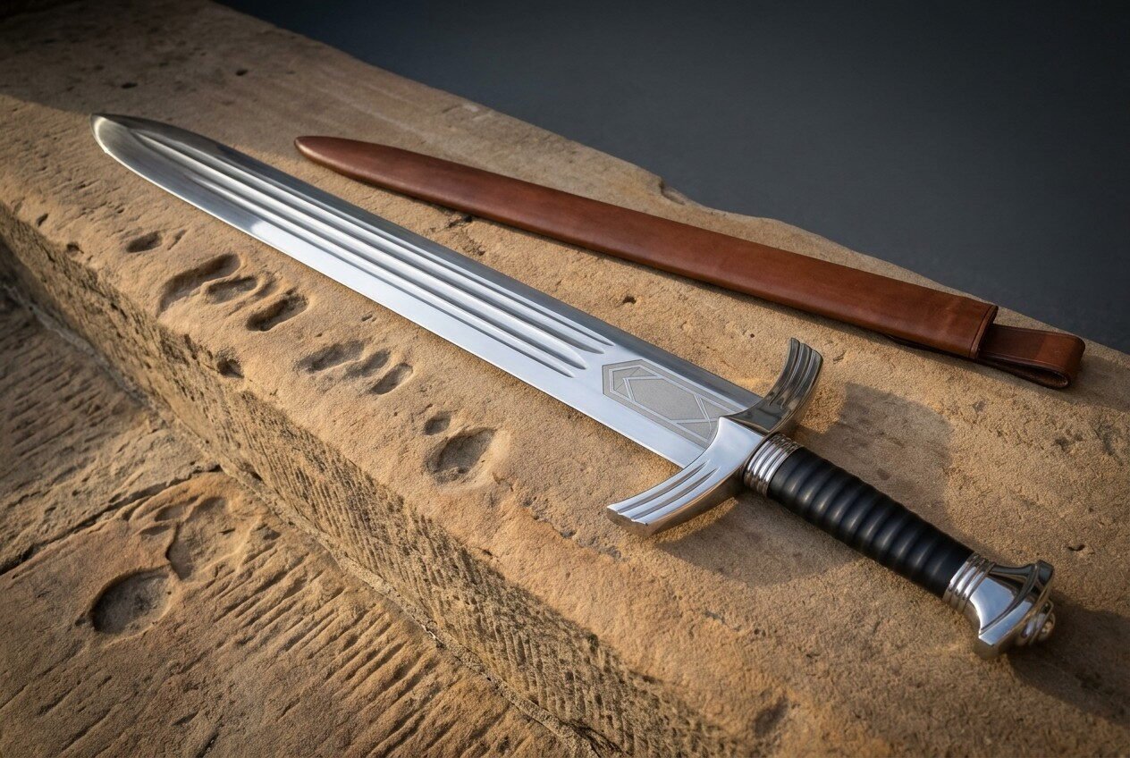 Polished hand forged viking short sword with a triple fullered blade and a downswept crossguard resting on a weathered s Polished hand forged viking short sword with a triple fullered blade and a downswept crossguard resting on a weathered sandstone block beside a brown leather scabbard