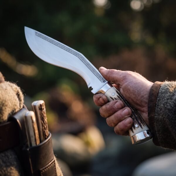Polished kukri knife with etched knotwork band and stag horn handle held in a hand beside a leather sheath with companion blades