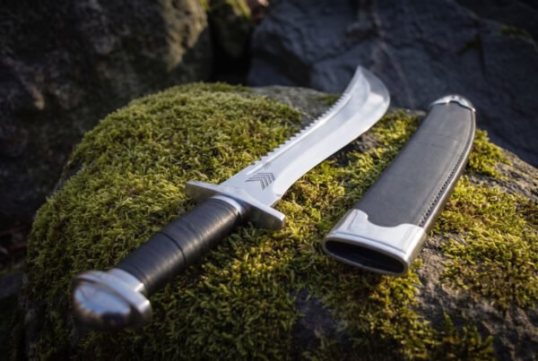 Polished sawback short sword and black leather sheath lying on a mossy woodland boulder, showing the stacked leather grip, domed oval steel pommel and saw toothed spine.