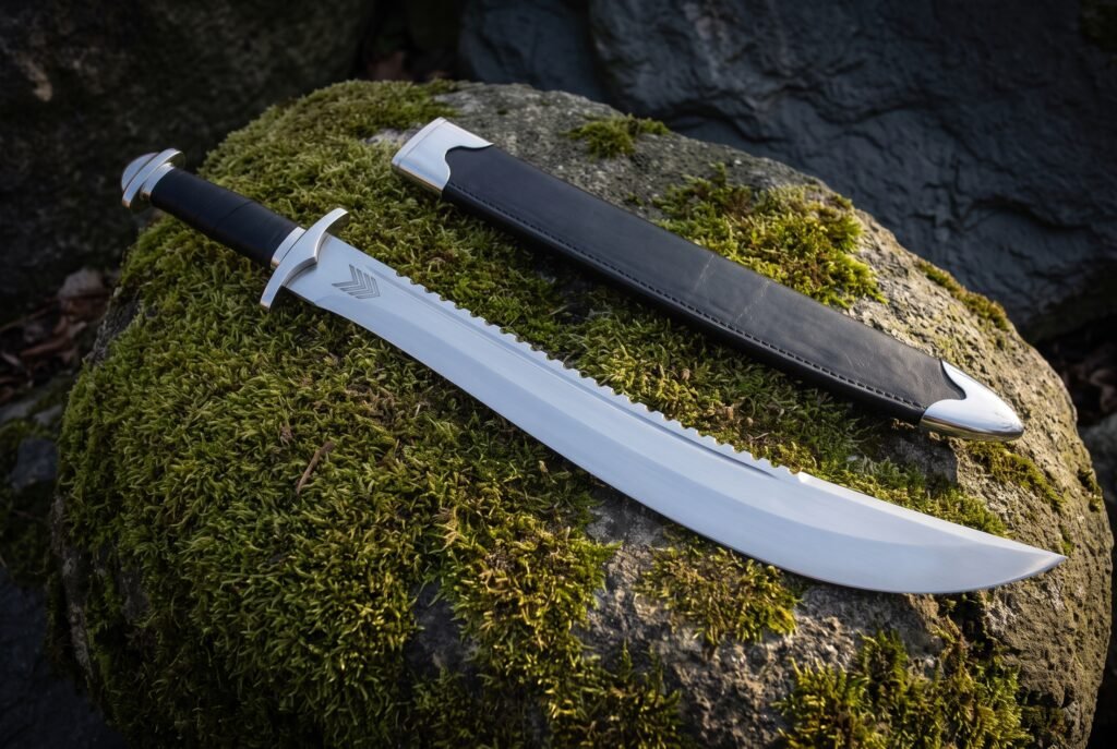 Polished sawback short sword with an upswept clip point and black leather grip resting on a moss covered boulder beside a black scabbard with steel throat and chape