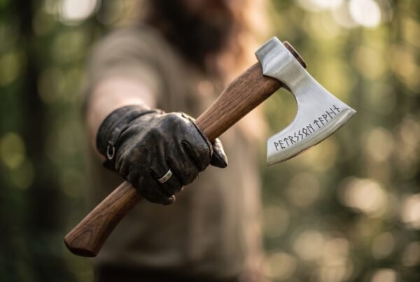 Polished steel bearded axe with a rune engraved head held out in a black leather glove against soft green bokeh