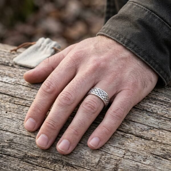 Polished steel Celtic knotwork ring worn on a man's finger, hand resting on weathered wood beside a small suede pouch