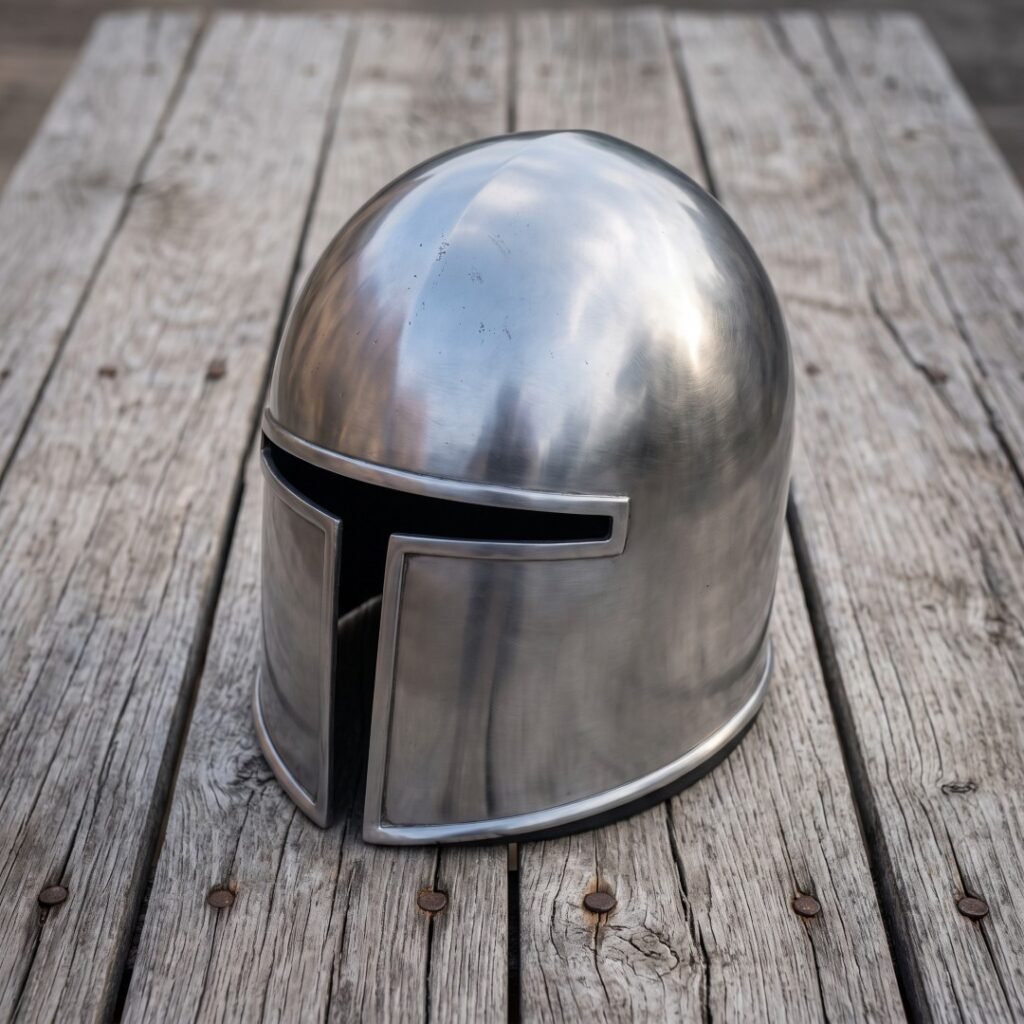 Polished steel full head helmet replica with a T shaped visor slot and rolled bottom rim, set on weathered grey planks in low daylight