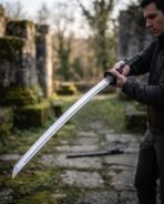 Polished steel katana with black cord wrapped handle and round tsuba drawn by a man in a mossy stone ruin