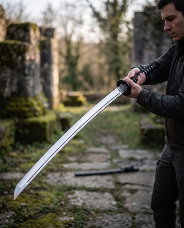 Polished steel katana with black cord wrapped handle and round tsuba drawn by a man in a mossy stone ruin