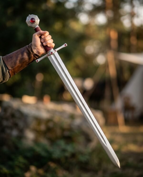 Polished steel knightly sword with red stone pommel and set guard held point down in a gloved hand among trees