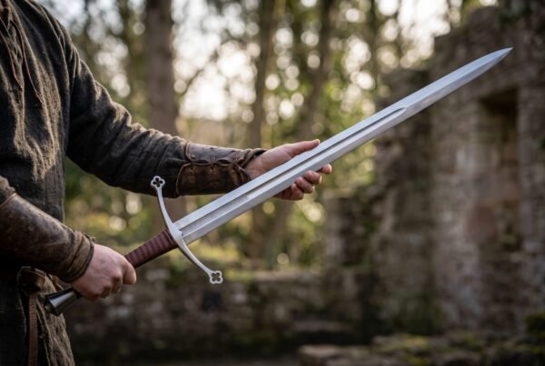 Polished steel longsword held in both hands near a ruined stone wall, curved cross guard and leather grip in view