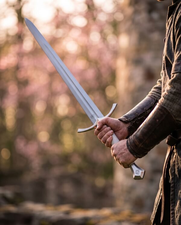 Polished steel longsword with arched crossguard held in two hands against blurred pink blossom