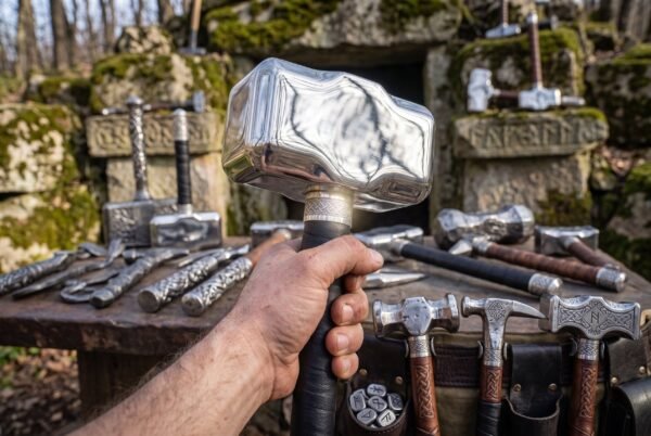 Polished steel Mjolnir style hammer with wrapped black grip held up in a hand above a table of forged hammers outdoors