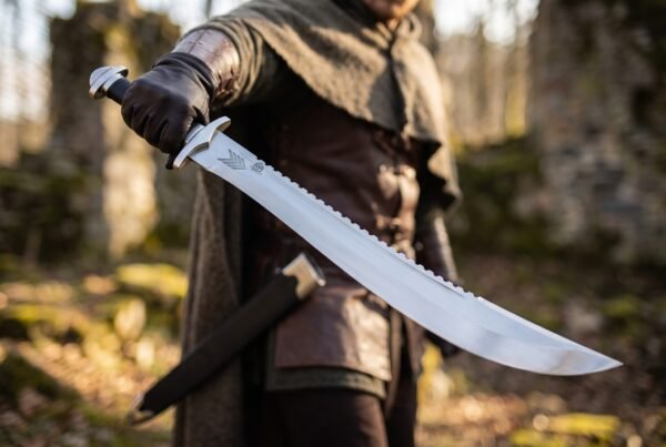 Polished steel sawback short sword with upswept blade and etched chevrons held out by a gloved hand, black sheath at the hip