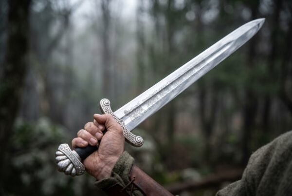 Polished steel short sword with knotwork etched fuller, scrolled guard and lobed pommel gripped in a fist in misty woods