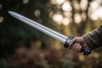 Polished steel Viking sword with blackened guard engraved with a Valknut and black leather grip held out in a hand at dusk