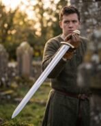 Polished steel Viking sword with brass hilt raised point down by a man in a wool tunic in an old churchyard