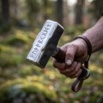 Polished steel war hammer with rune cut head held in a hand by its tan leather haft, wrist loop hanging, woodland behind