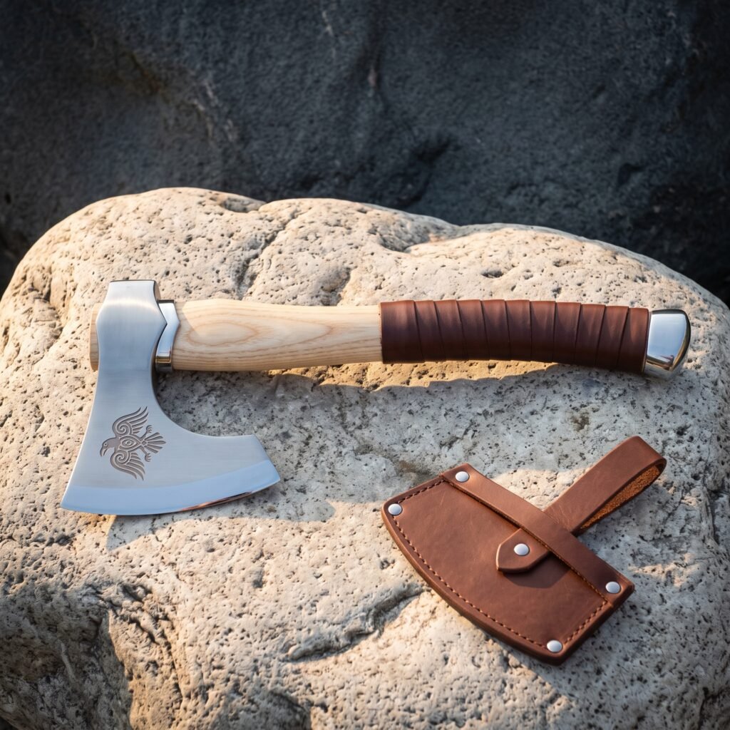Raven axe with a deep etched Norse bird motif on a hand forged steel bearded head, pale ash haft and leather wrapped grip, resting on a sunlit volcanic boulder