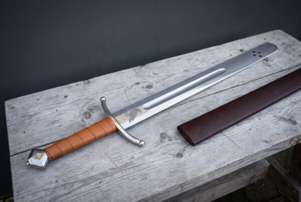 Ravencleave Hand Forged 1095 Steel Falchion Sword | 30 Inch Overall | Tan Leather Grip and Faceted Steel Pommel with Etched Raven and Brown Leather Scabbard | Reenactment Gift | RK-2101
