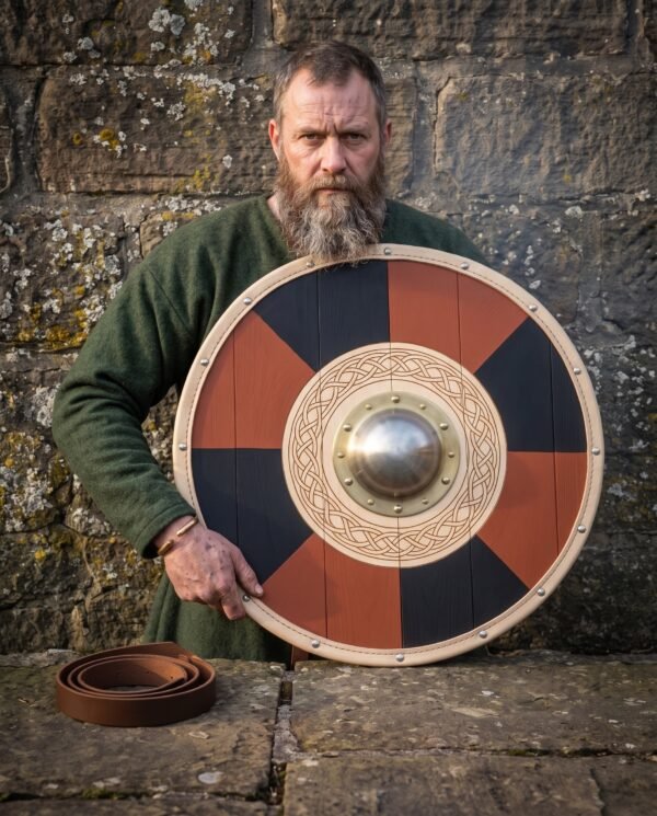 Red and black quartered round shield with brass boss and carved knotwork ring held by a bearded man in a green wool tunic by a stone wall